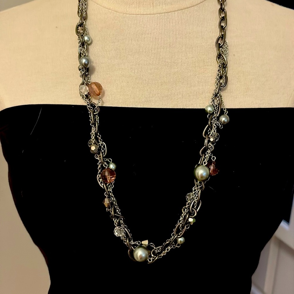Lia Sophia Necklace Silver Tone Glass Acrylic Fringe Beads Twist Multi Strand